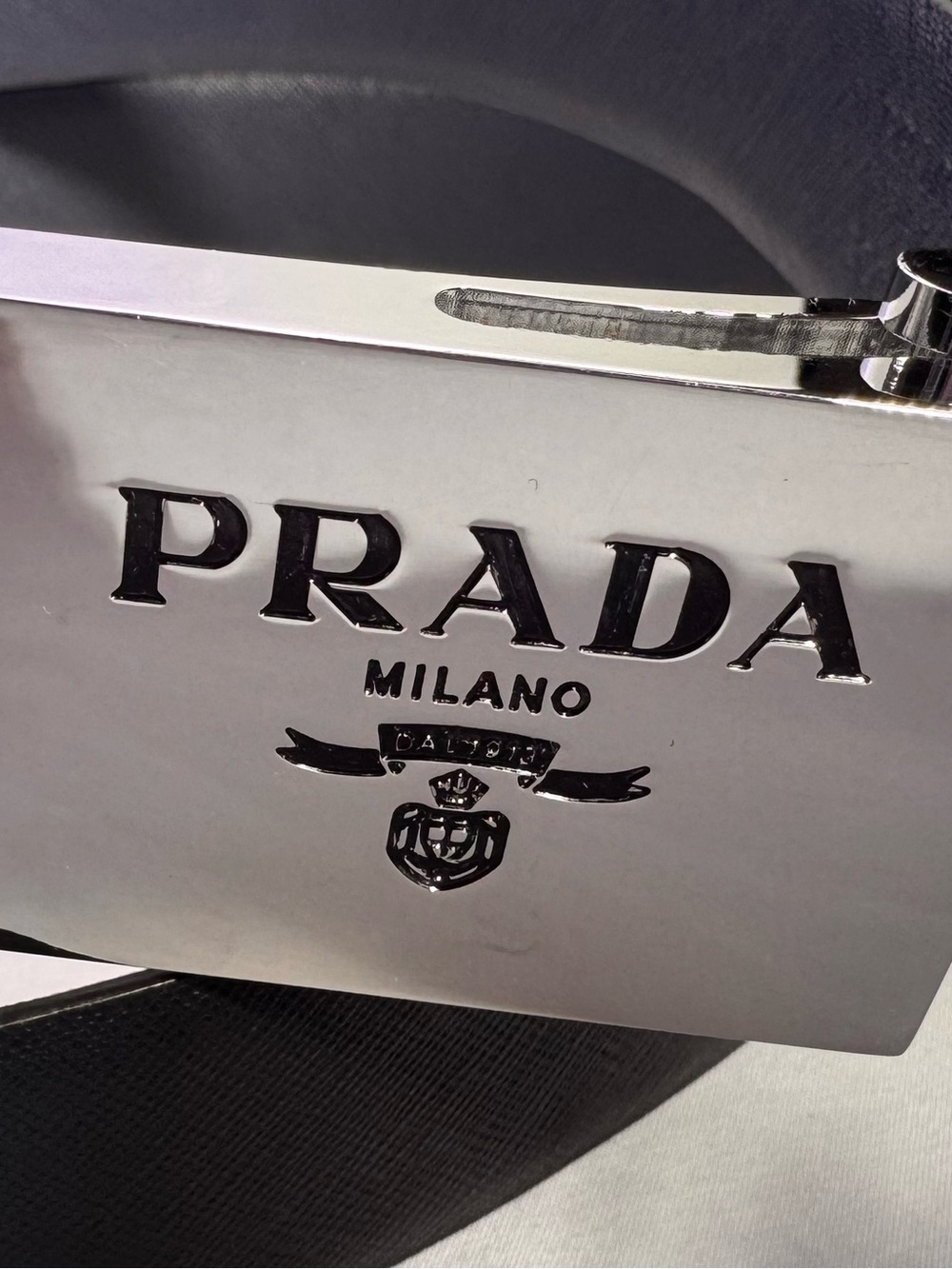 Men’s Authentic Black Saffiano leather Belt with Silver Prada Milano Plaque